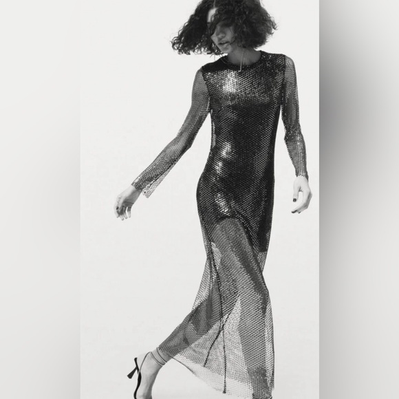 Zara Black Mesh Silver Sequins see through long sleeve maxi dress M - Picture 1 of 8